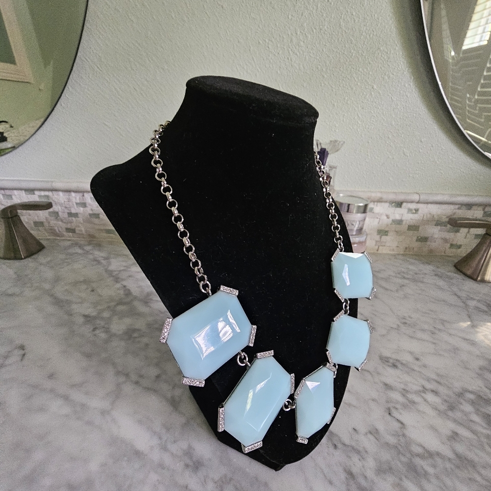 Nwot Banana Republic Blue glass Square Statement Necklace with Rhinestones - Picture 10 of 16